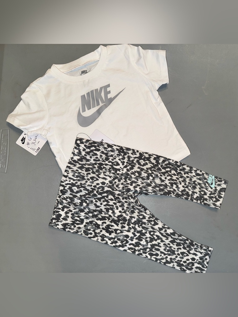 Nike Kids White Logo Tee with Black & White Leopard Print Leggings
